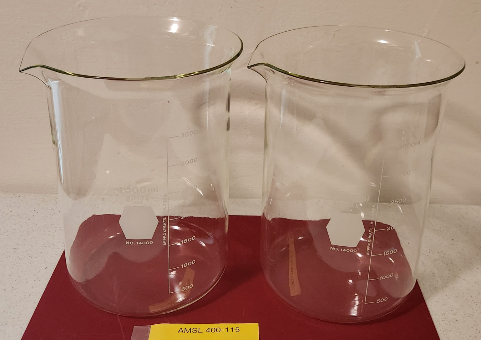 Lot of two (2) new identical KIMAX 4000ml glass lab beakers, type #14000