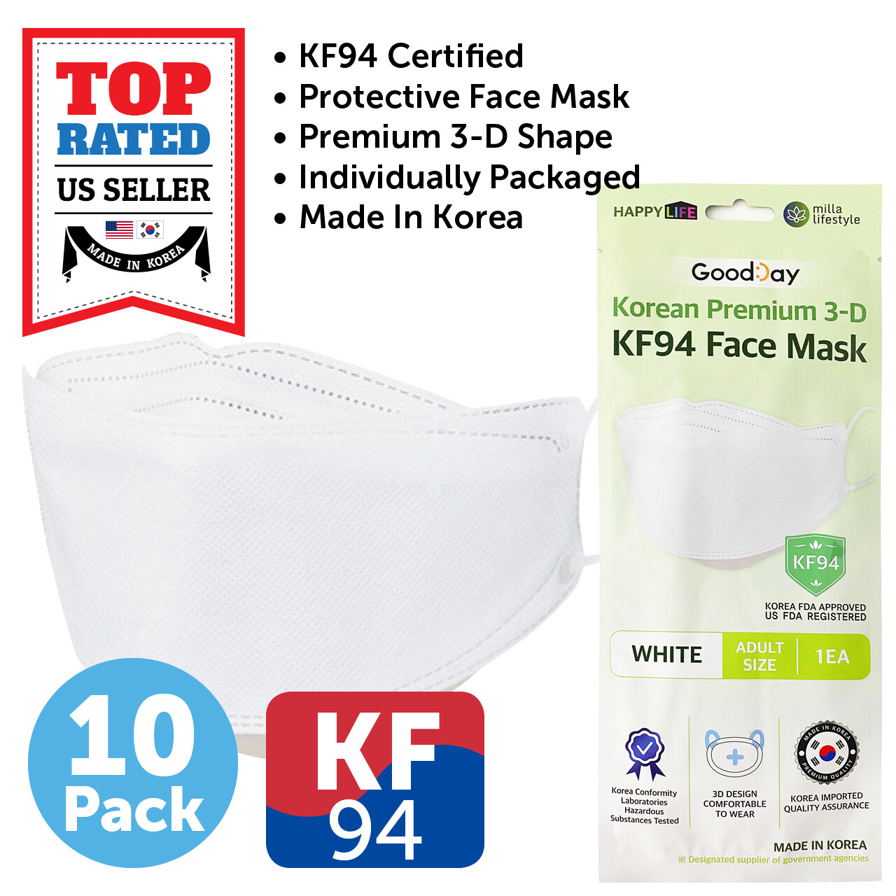 10 Pack KF94 WHITE Protective Face Mask Adult Made in Korea KFDA Approved
