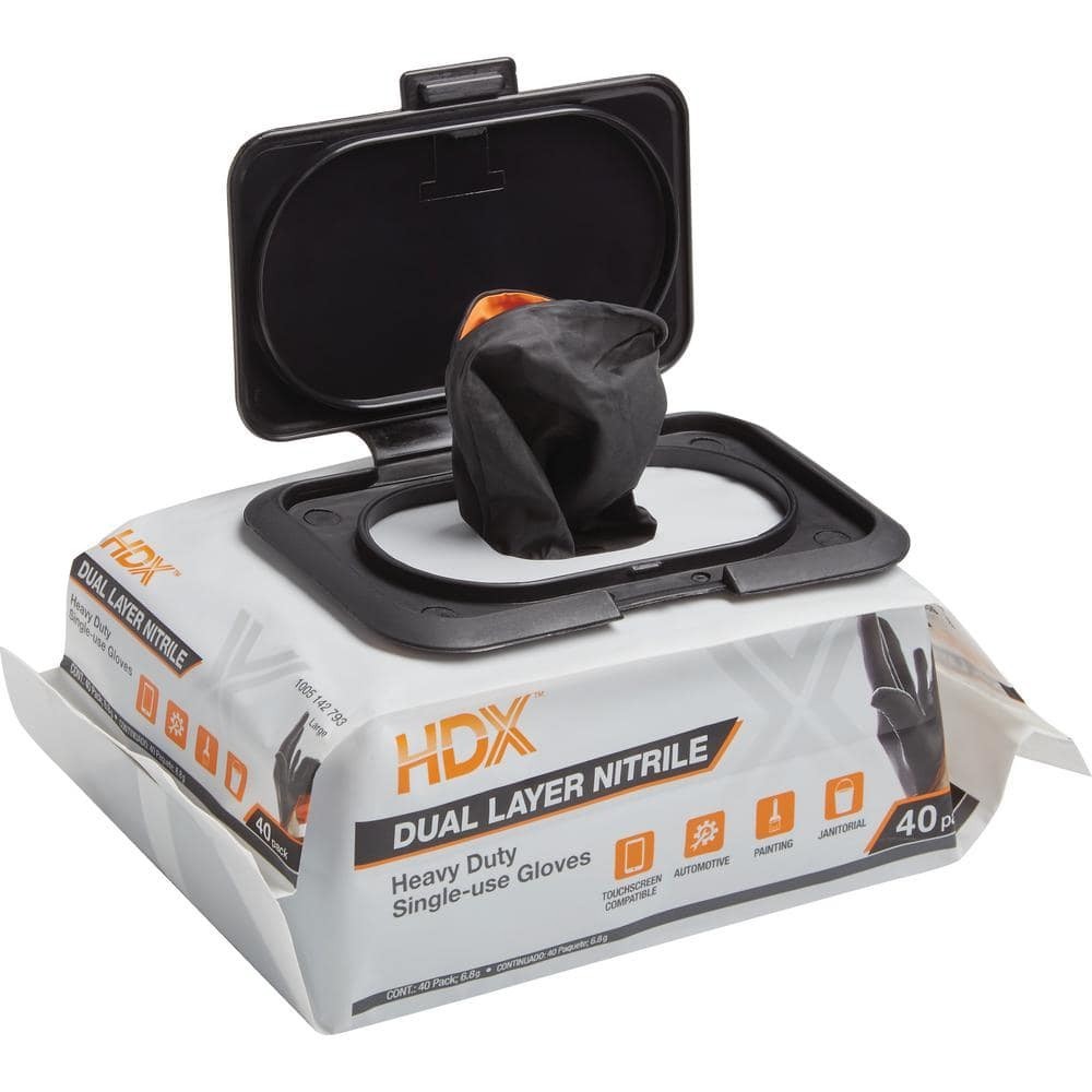 HDX Pop-N-Go Black Disposable Heavy Duty Nitrile Gloves Large 40 Count