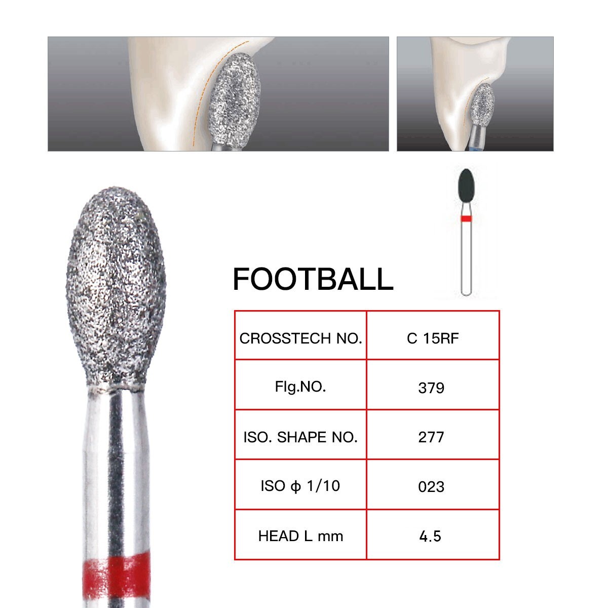 Dental Diamond Burs FOOTBALL 379-023F FINE RED DEFEND Friction Grip 10Pcs/Pack