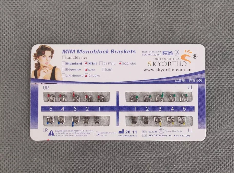 Dental Orthodontic Metal Bracket MIM Monoblock Mini Roth 022 3 Hooks Mesh Base