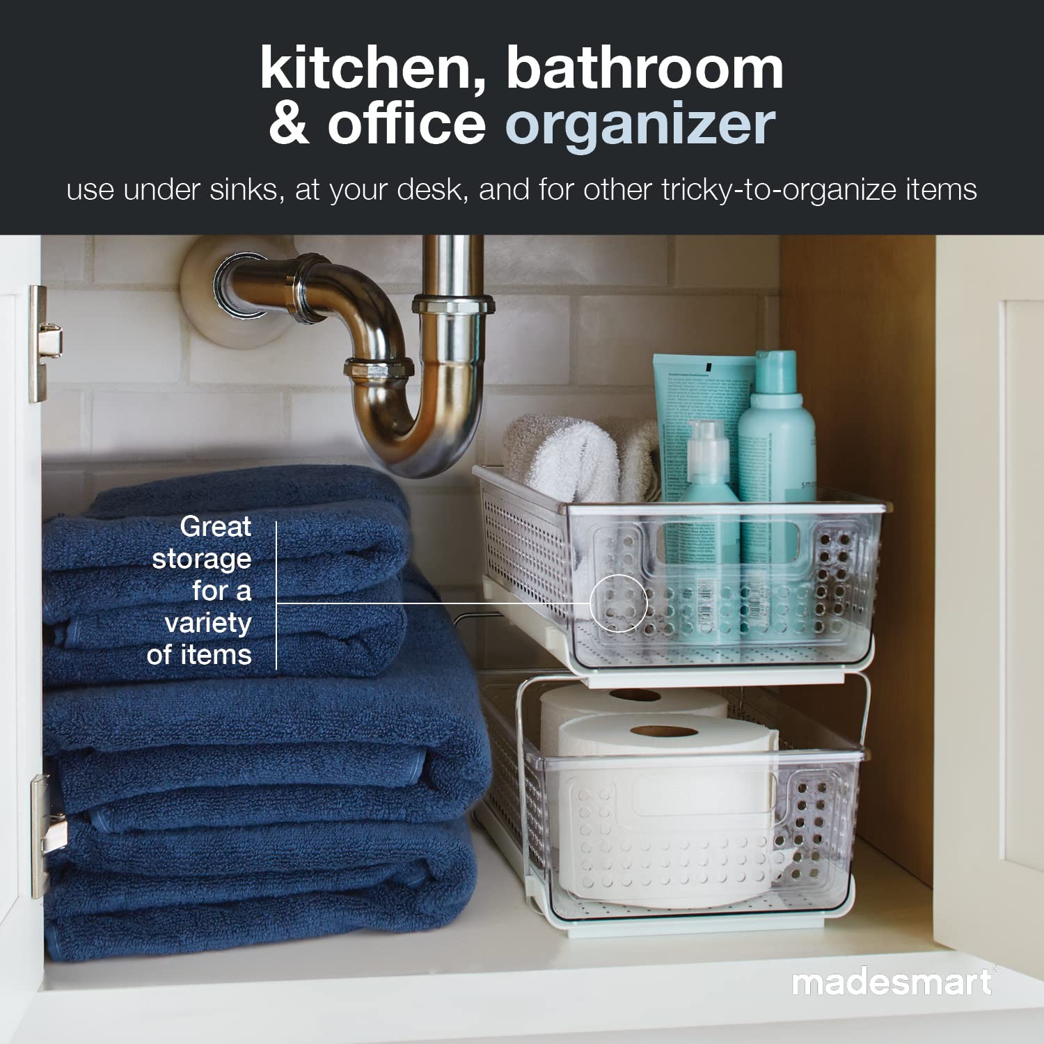 madesmart 2 Tier Organizer Under Cabinet Storage Pull Out Sliding Drawers Cleani