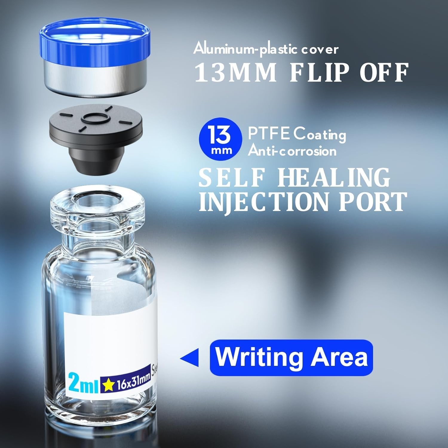 Sterile Empty Glass Vials with Self Healing Injection Port, 2ml Clear Pack
