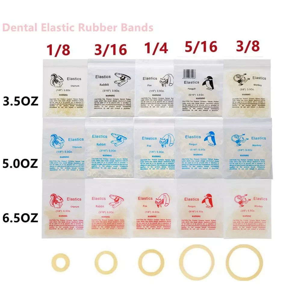 Dental Orthodontic Rubber Bands Elastics Latex Braces 15 Sizes 3.5 4.5 6.0 OZ