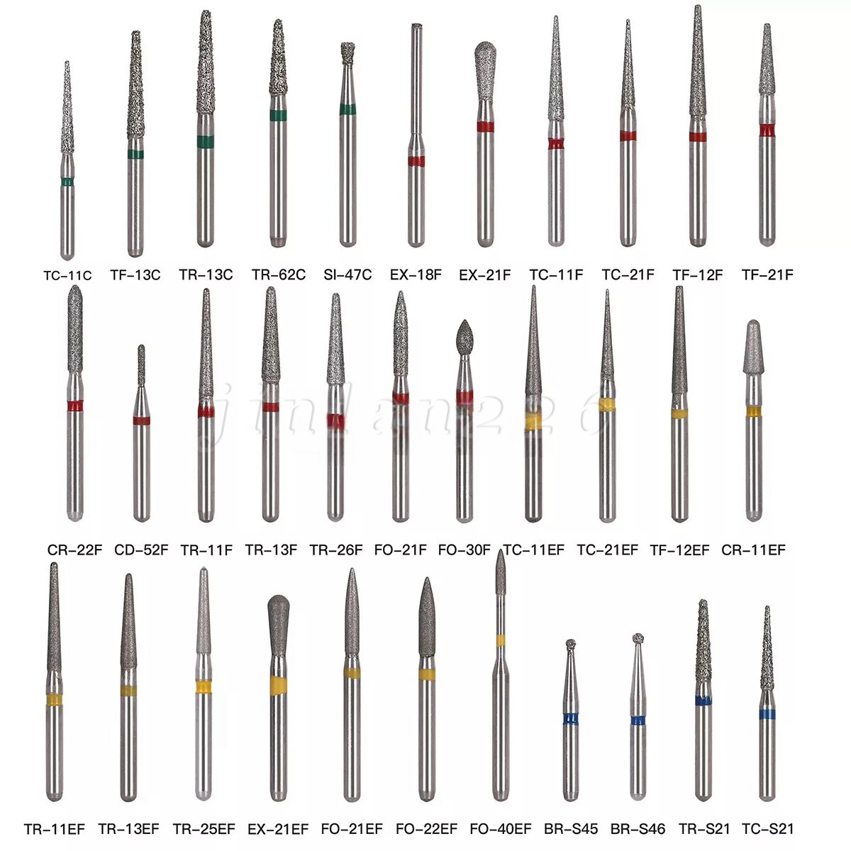 50pcs Dental Diamond Burs FG Round End Taper Pear Football Fine Coarse Grit