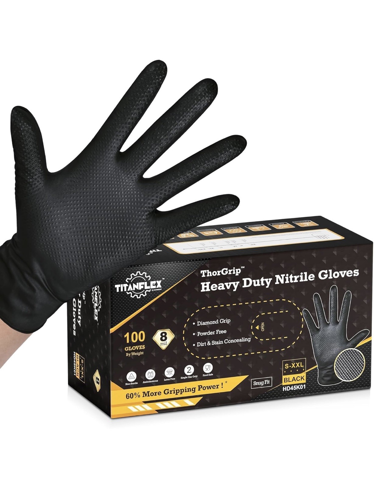 TitanFlex Heavy Duty Black Industrial Nitrile Gloves, 8-mil, Large, Box of 10…