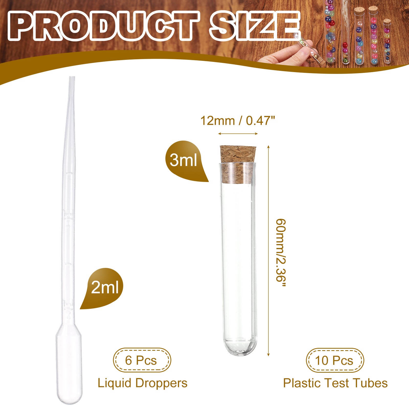 10 Pcs 12x60mm (3ml) Test Tubes with Cork Stoppers and 6 Pcs 2ml Droppers