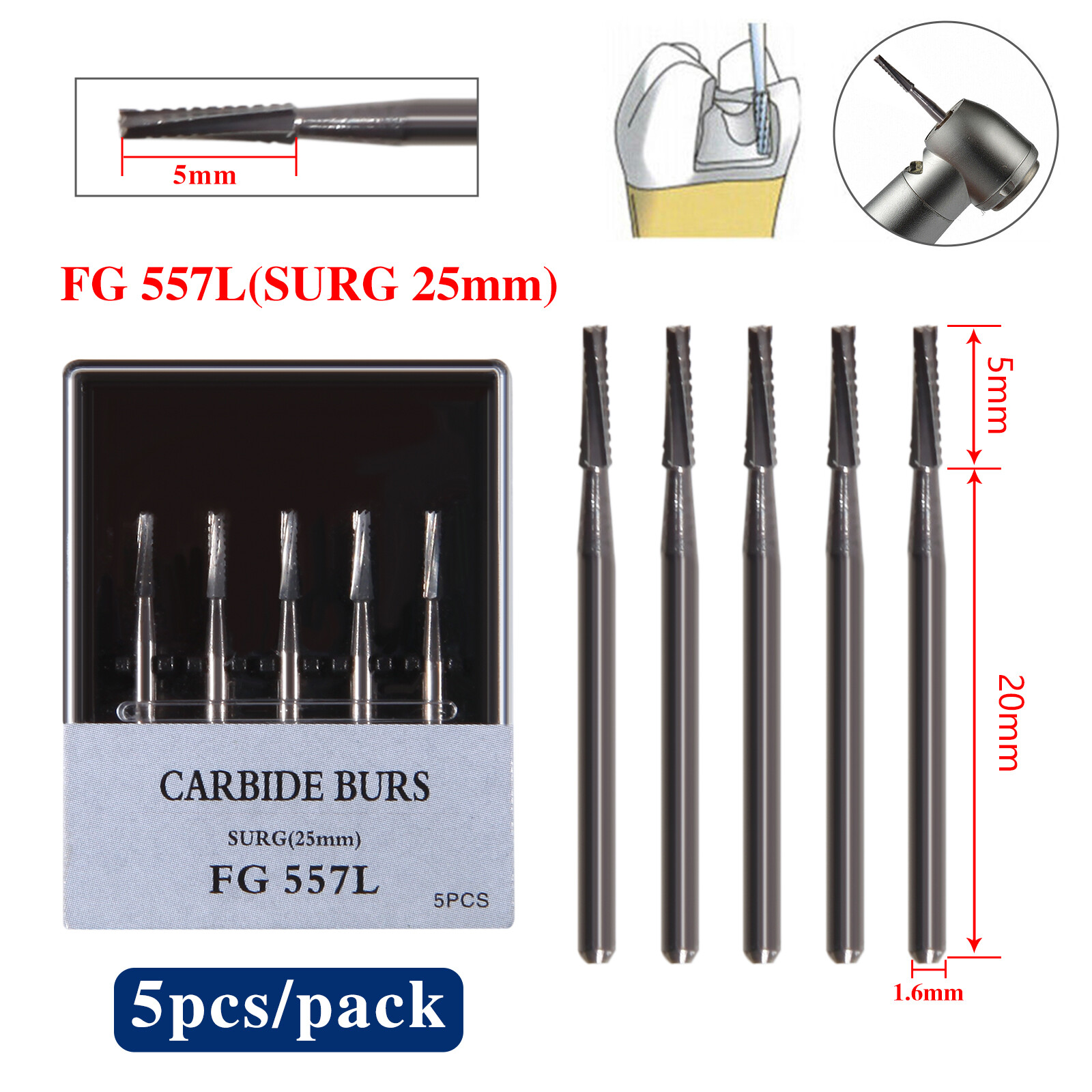 5pcs/pack Dental Carbide Burs Surgical Bur SURG 25mm FG-557L for High Speed DL