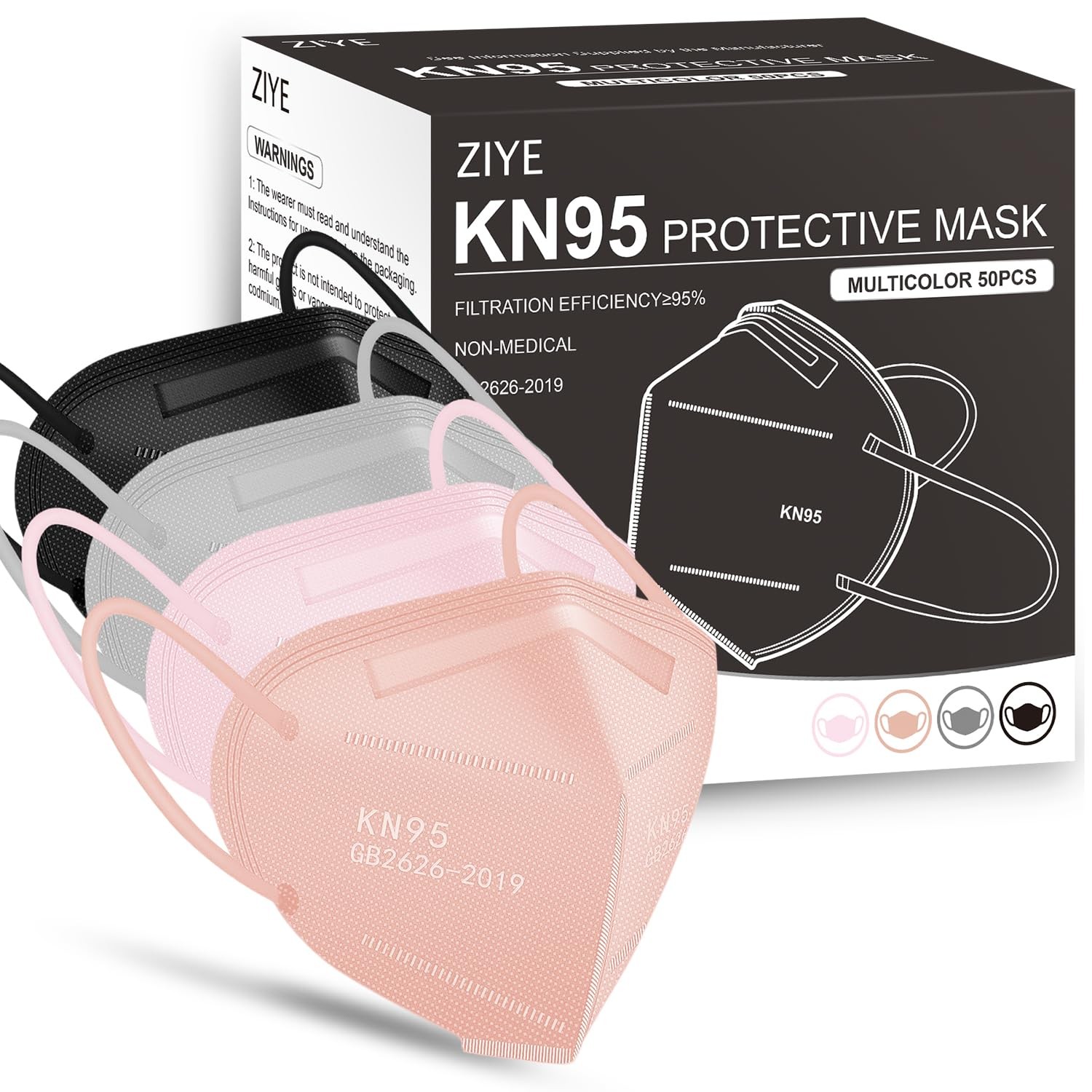 50-Pack Multicolor KN95 Face Masks – 5-Ply Cup Dust Protective Masks with Ela…