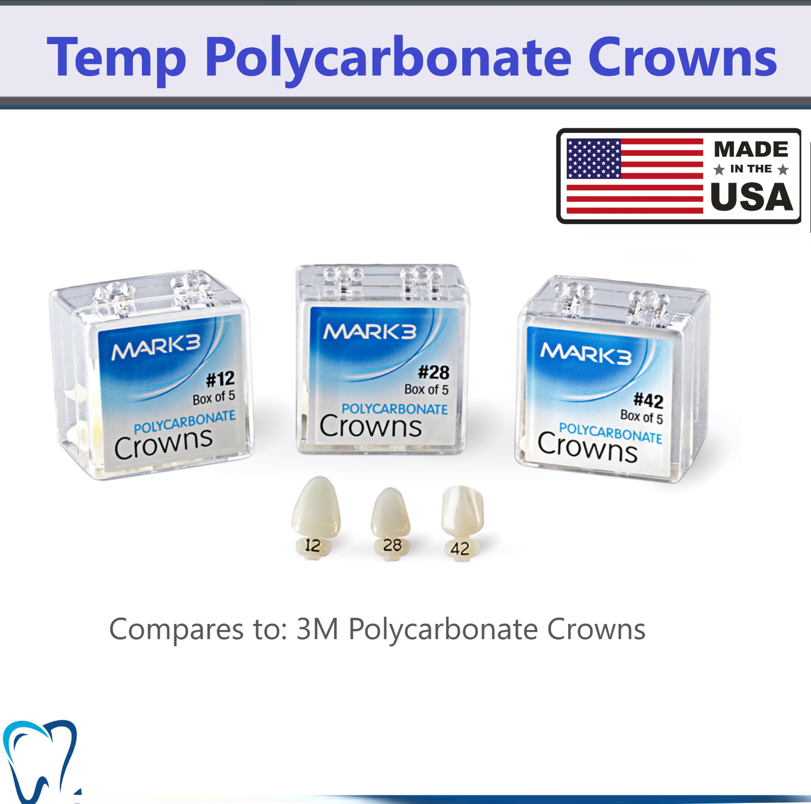 Dental Polycarbonate Temporary Preform Crowns Refills Set of 5, Bx Made in USA