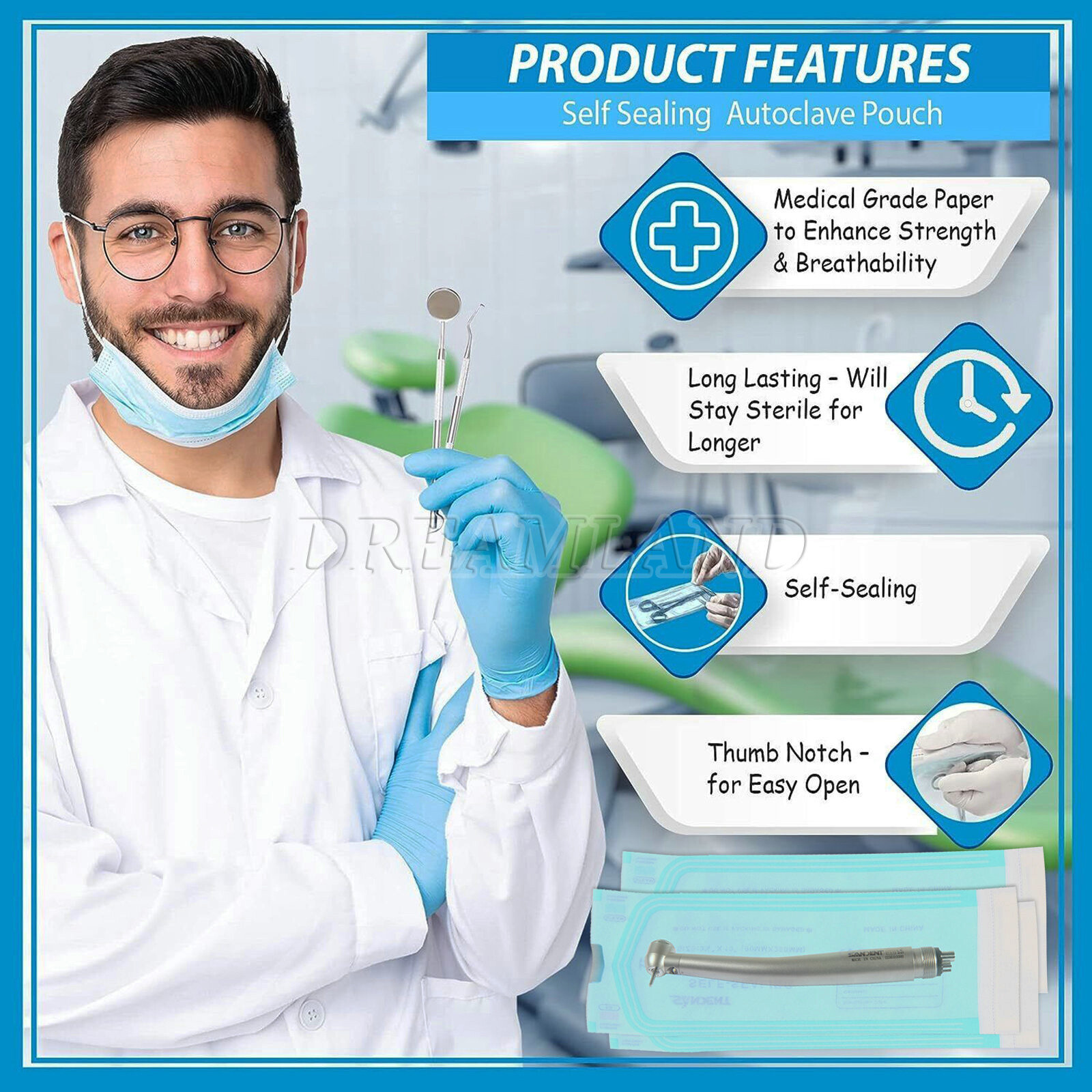 3.5″ x 10″ Self-Sealing Sterilization Pouches for Autoclave (1 Box of 200)