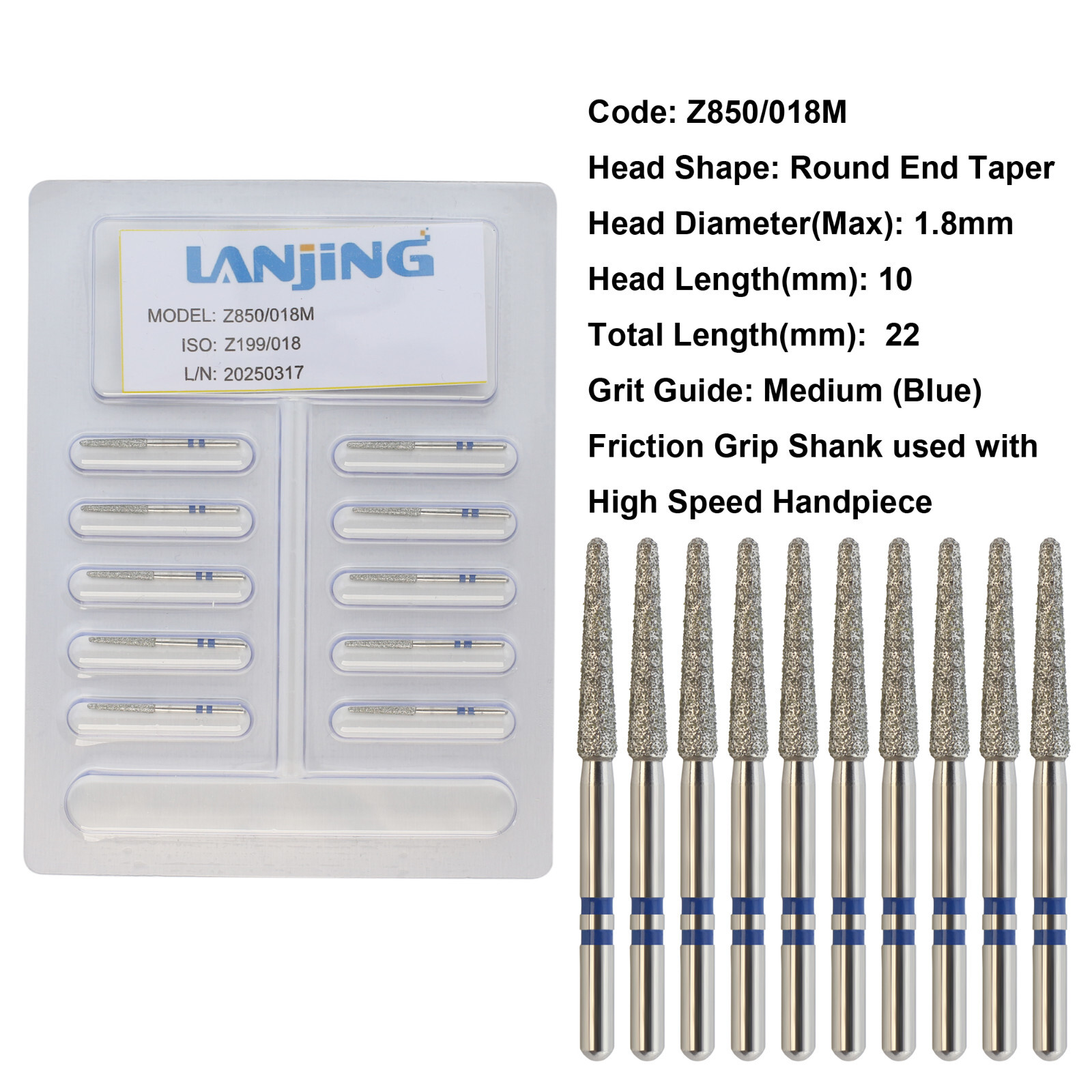 Dental Diamond Burs Round End Taper Zirconia Adjustment FrictionGrip Fine Medium