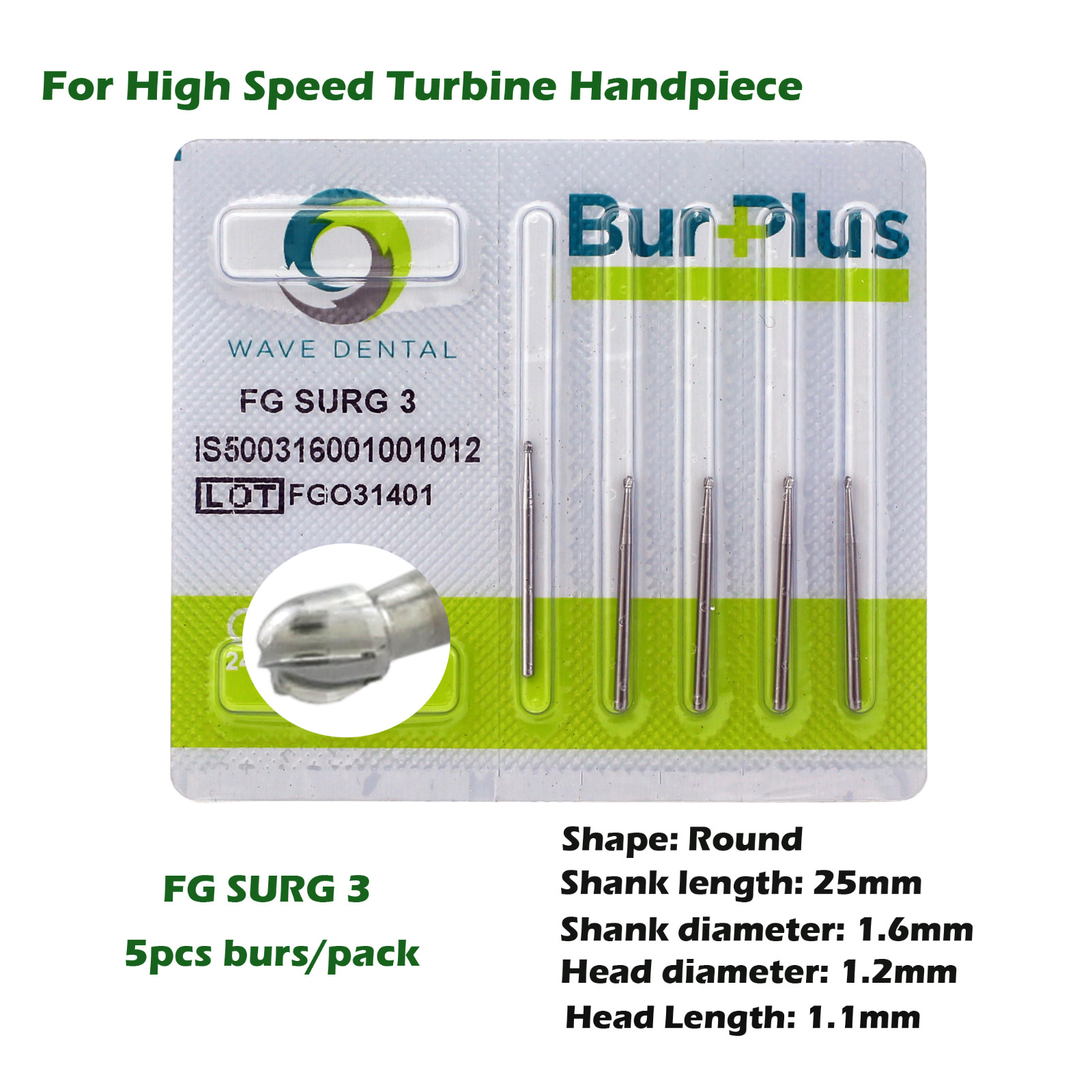 Wave Dental Surgical Burs High Speed FG 25mm Carbide Friction Grip Round 2 4 557