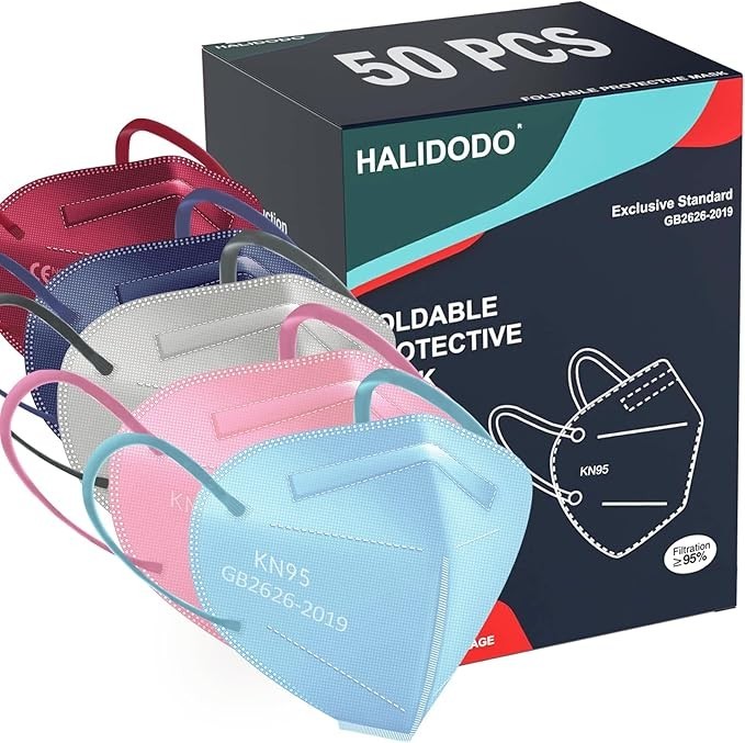 HALIDODO 50 Pack KN95 Face Mask 5-Ply Wrapped Multi-Color Elastic Earloops