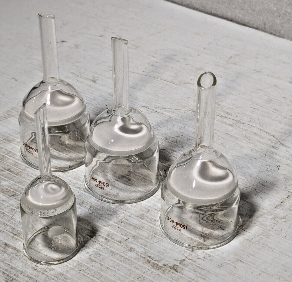 Lot of 4: Büchner Filter Funnels, Kimax 150ml, 60C; ASTM 60ml, 10-15M Lab Glass