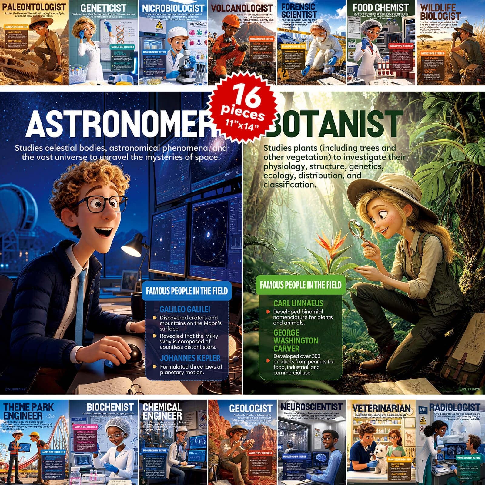 16pcs Science Career Posters, 11x14in STEM Classroom Decor