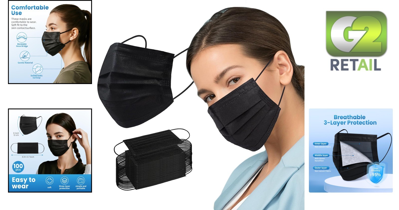 Breathable 3-Ply Black Disposable Masks – 100 Count for Everyday Protection