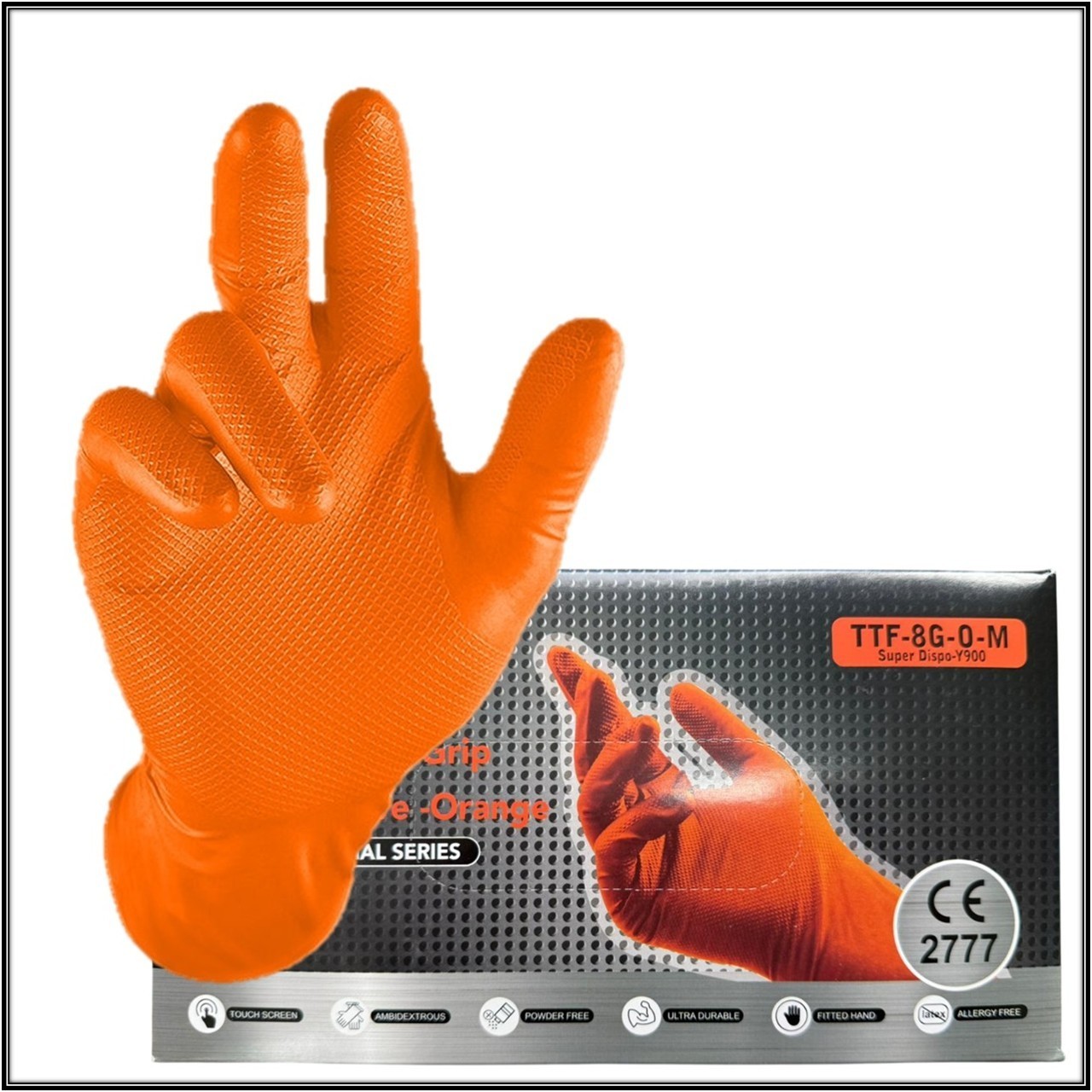 Black/Orange Nitrile Disposable Gloves 8 Mil Raised Diamond Texture | Fast Ship