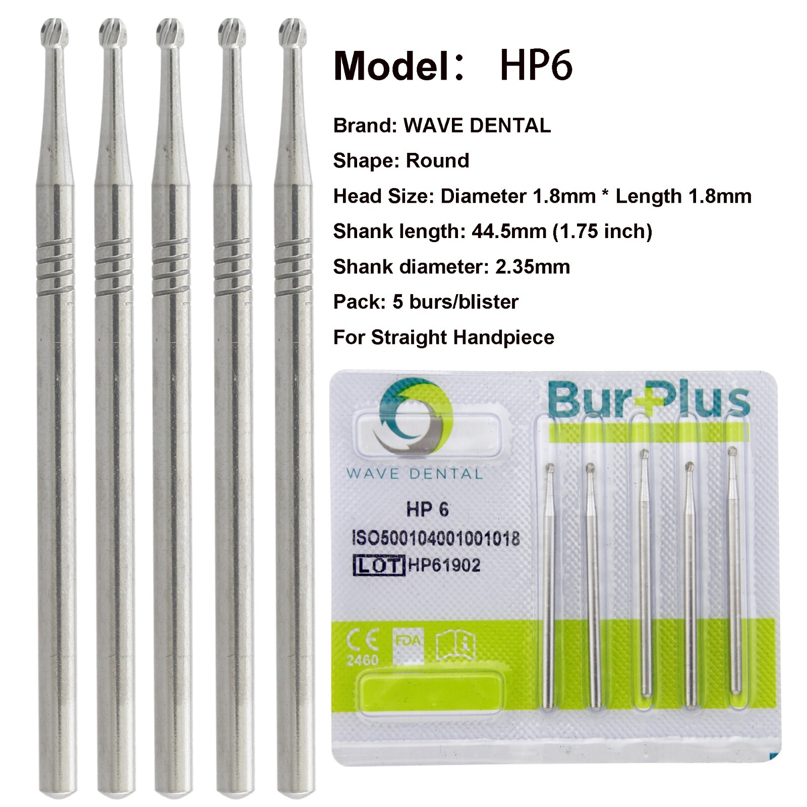 Wave Dental Round Tungsten Carbide Burs HP 44.5mm Shank for Straight Handpiece