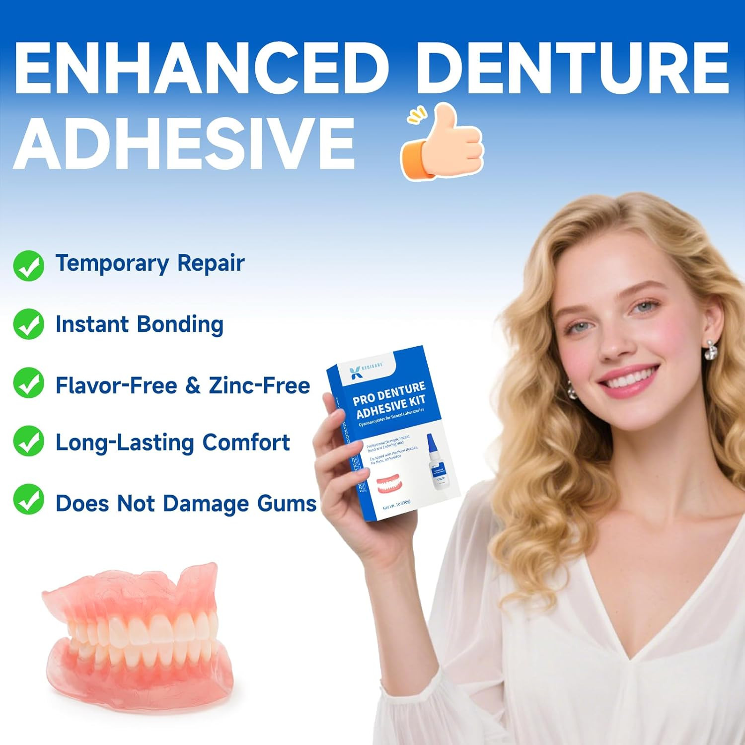 Dental Lab Denture Repair Adhesive Kit, 1oz Pro Instant Bonding Denture Glue for