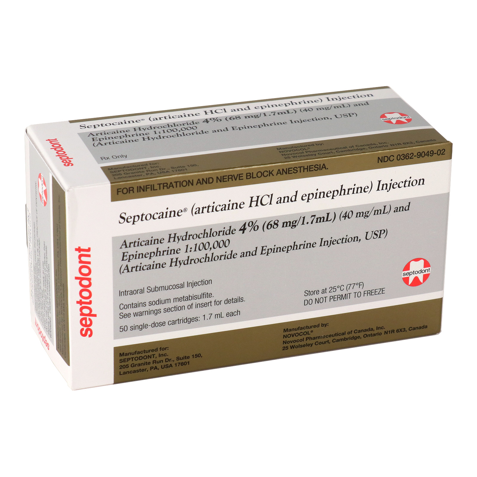 50pcs Septocaine® Gold Articaine w/Epinephrine 1:100,000 HCl 4%