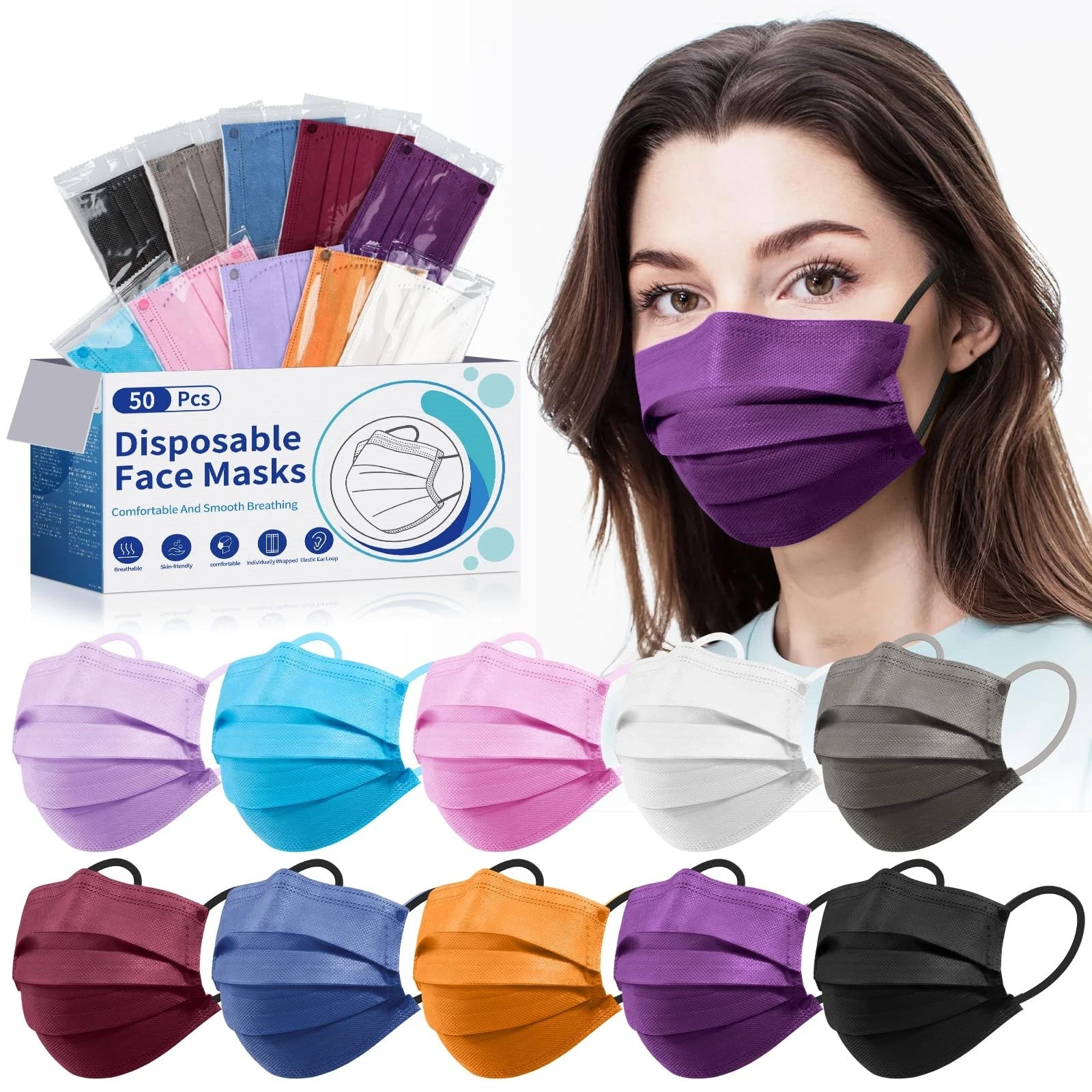 Disposable Face Mask for Adults – 4 Ply Protection, Individually Wrapped 50 Pack