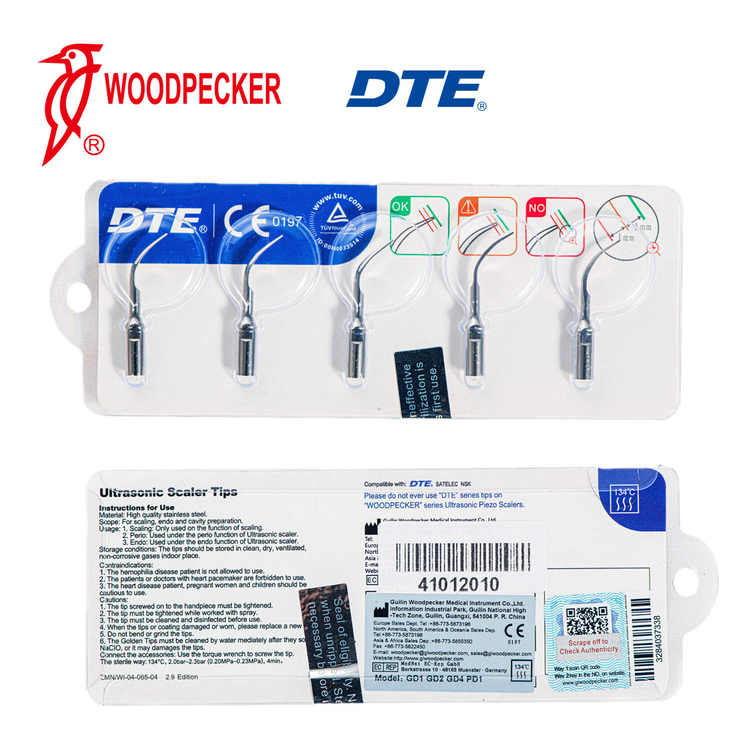 5/pk Woodpecker DTE Dental Ultrasonic Scaler Tips Kit GD1*2 GD2 GD4 PD1 Fit NSK