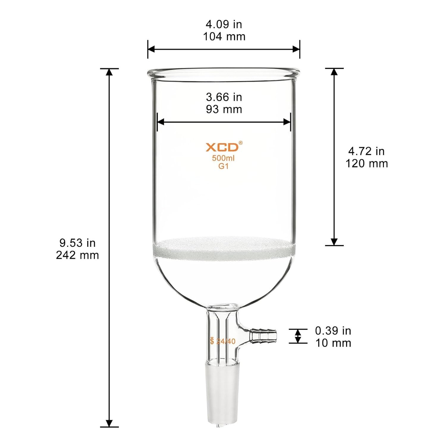 500mL Buchner Funnel G1 Coarse Frit 24/40 Joint Vacuum 94mm ID Lab Glass Filters
