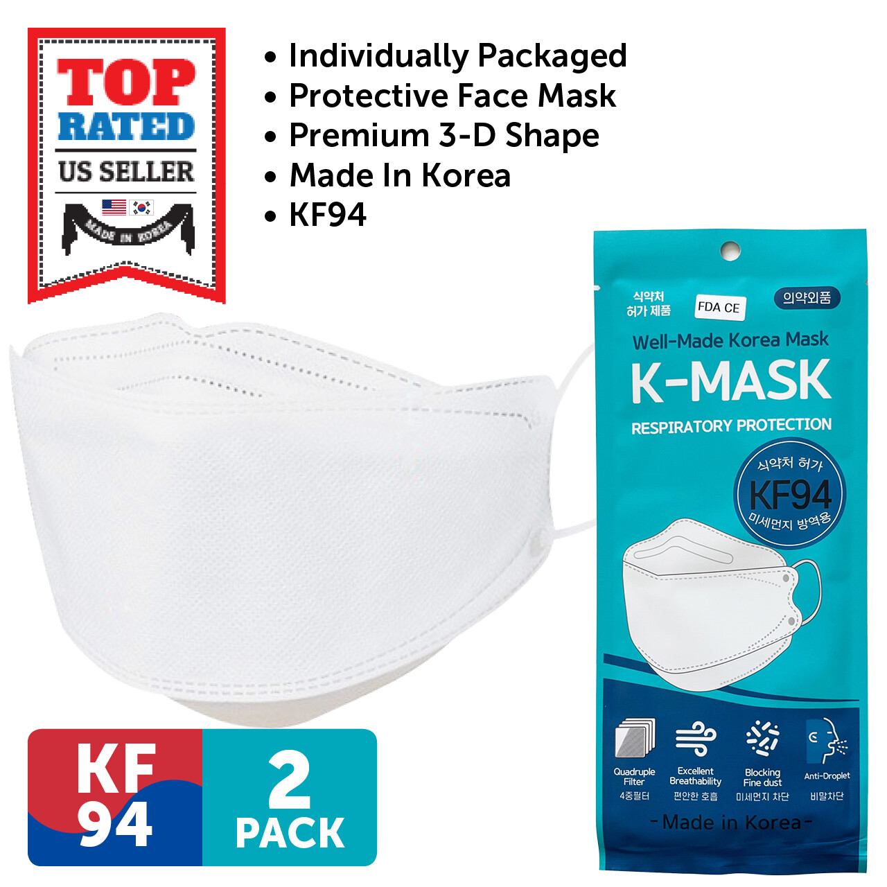 2 PCS KF94 WHITE Protective Safety Face Mask 4 Layer Adult Made in Korea