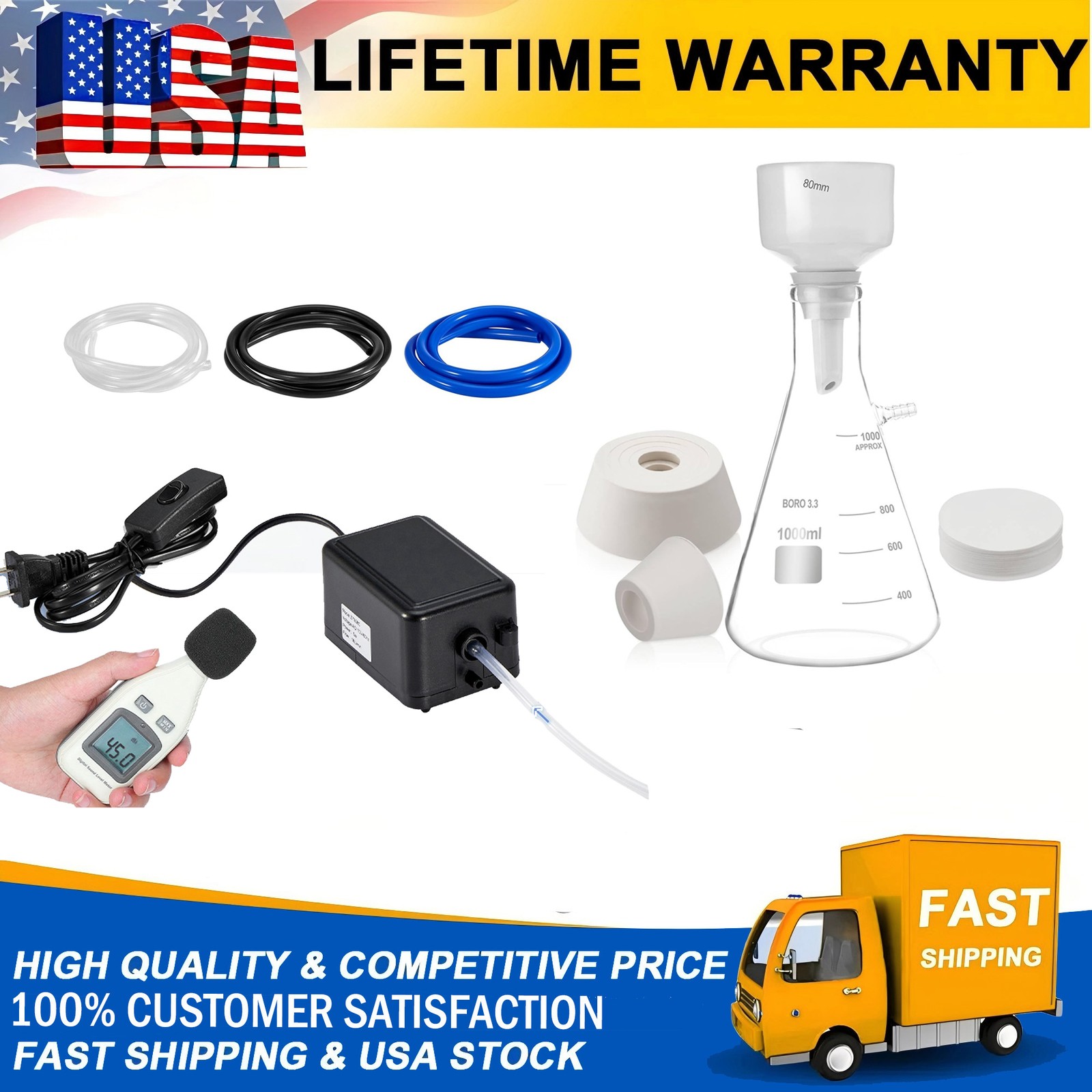 Lab Vacuum Pump + 1000mL Lab Buchner Funnel Filtering vacuum filter flask set