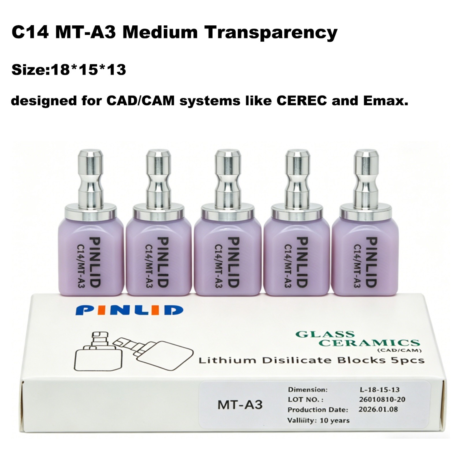 US 5Pcs/Box C14 Emax Ceramic Blocks MT Lithium Disilicate Block CAD/CAM CEREC