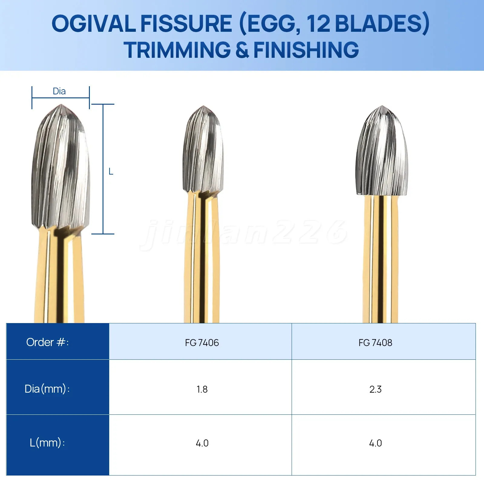 Dental Trimming & Finishing Carbide Burs Gold Burs 12 Blades FG 7901/7406