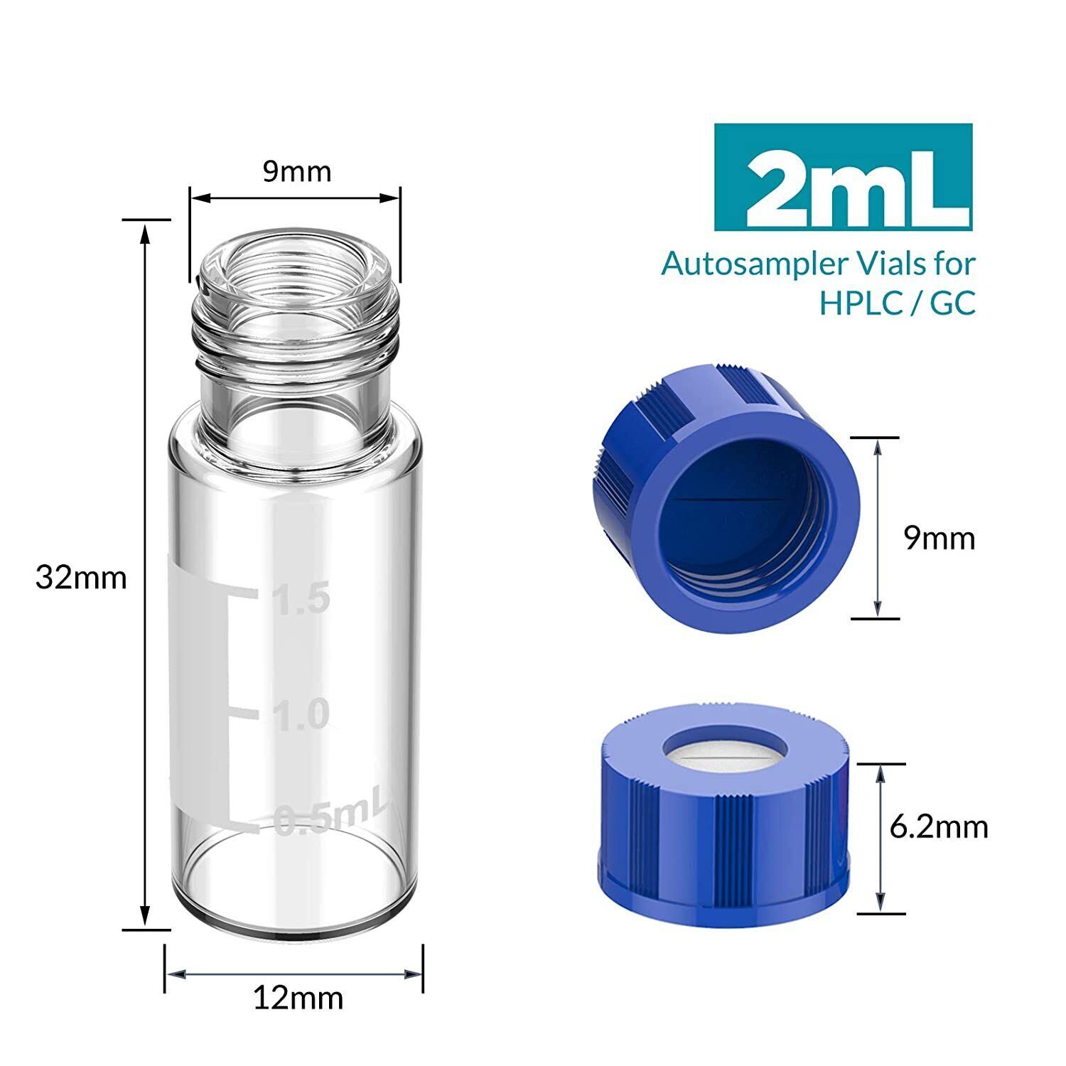 2000pc 2mL Autosampler Clear Vials 9mm Pre-slit Screw Caps Write Spot Graduation
