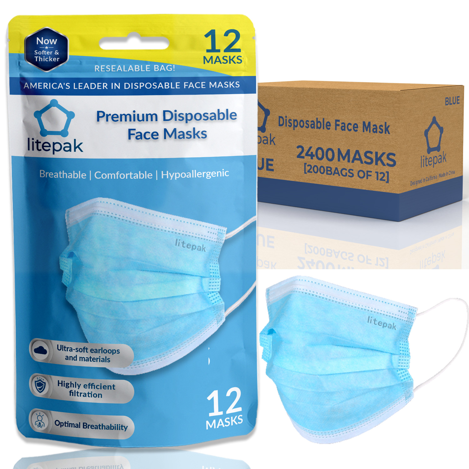 2400ct Litepak Disposable 3 Ply Blue Face Mask Hangable Bag Bulk Lot Wholesale