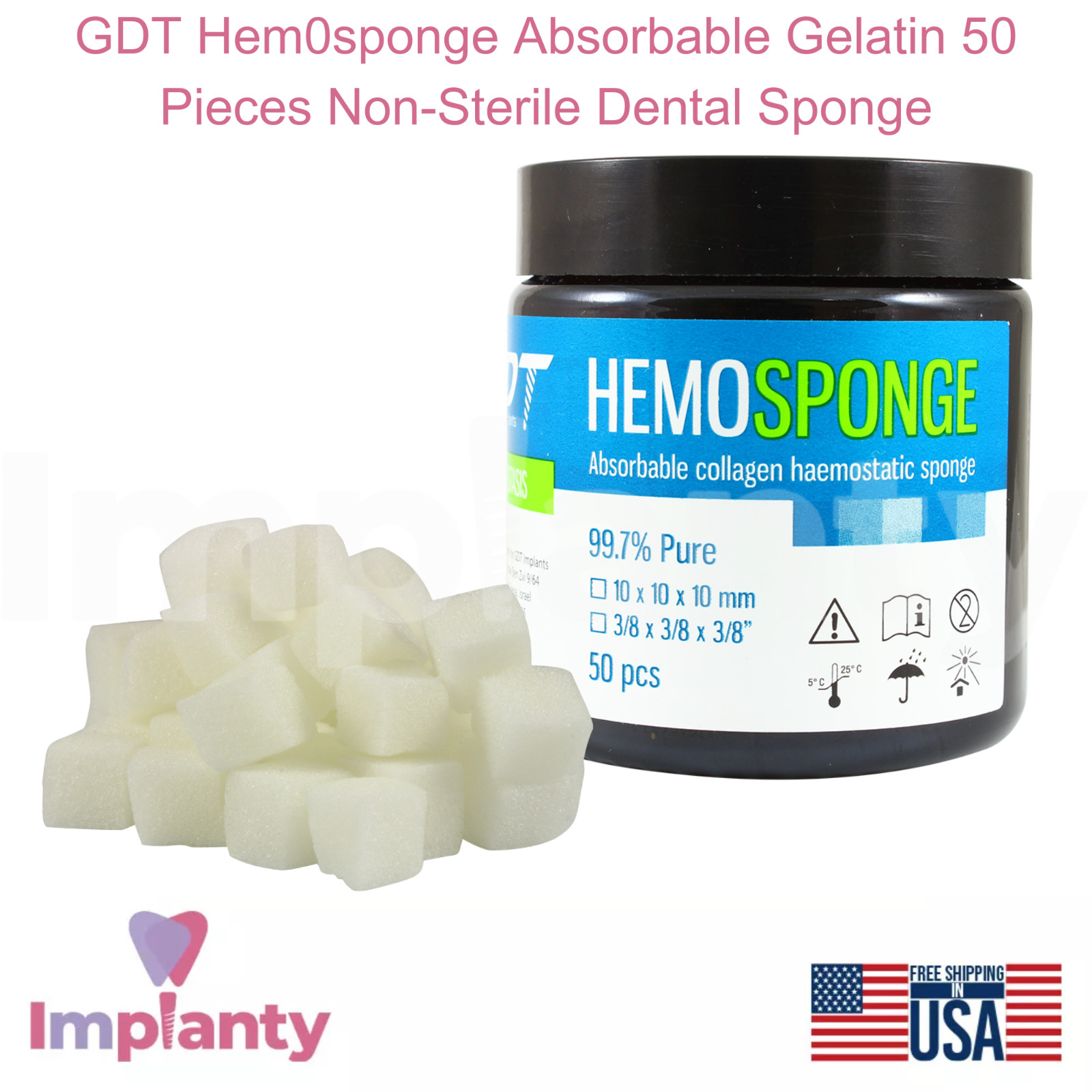 GDT Hem0sponge Absorbable Gelatin 50 Pieces Non-Sterile Dental Sponge 10x10x10mm