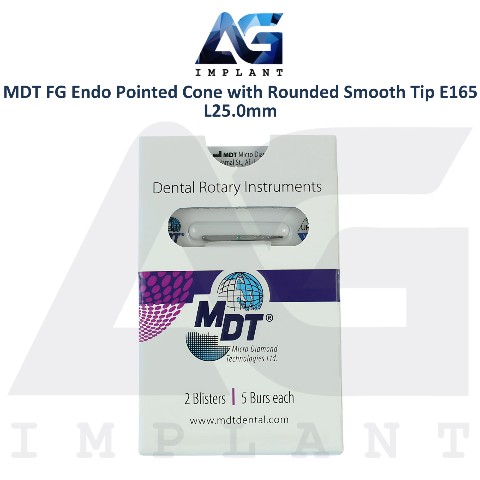 MDT Dental FG Diamond Coated Pointed Cone Bur Rounded Smooth Tip E165 L25.0mm