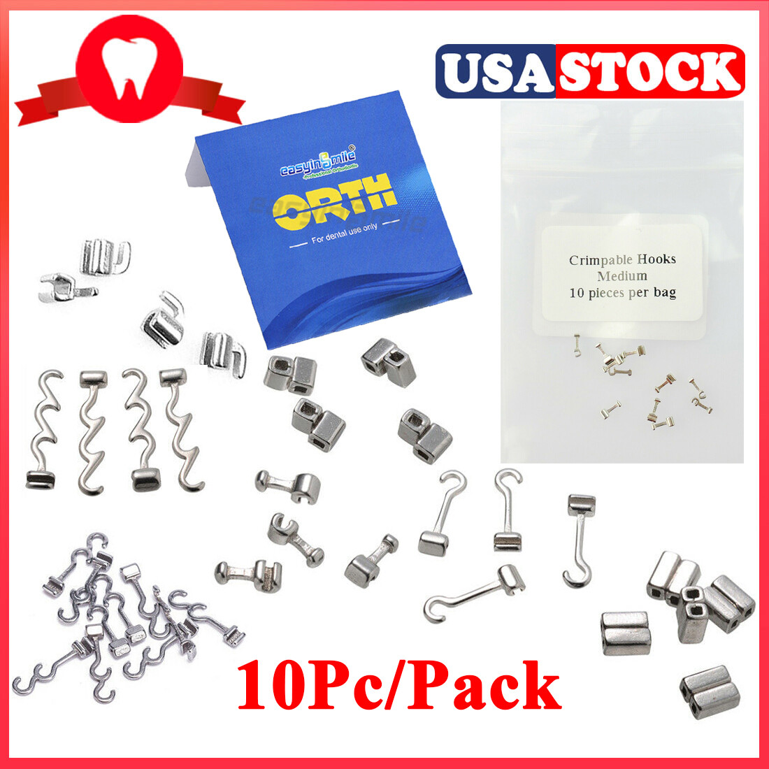 Dental Ortho Crimpable Hooks Stops Sliding/Long Curved/Activity Left&Right 10Pcs
