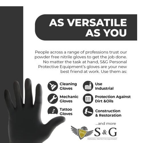 S&G Black Nitrile Gloves Latex Powder Free 3 Mil 1000pcs XS/S/M/L/XL