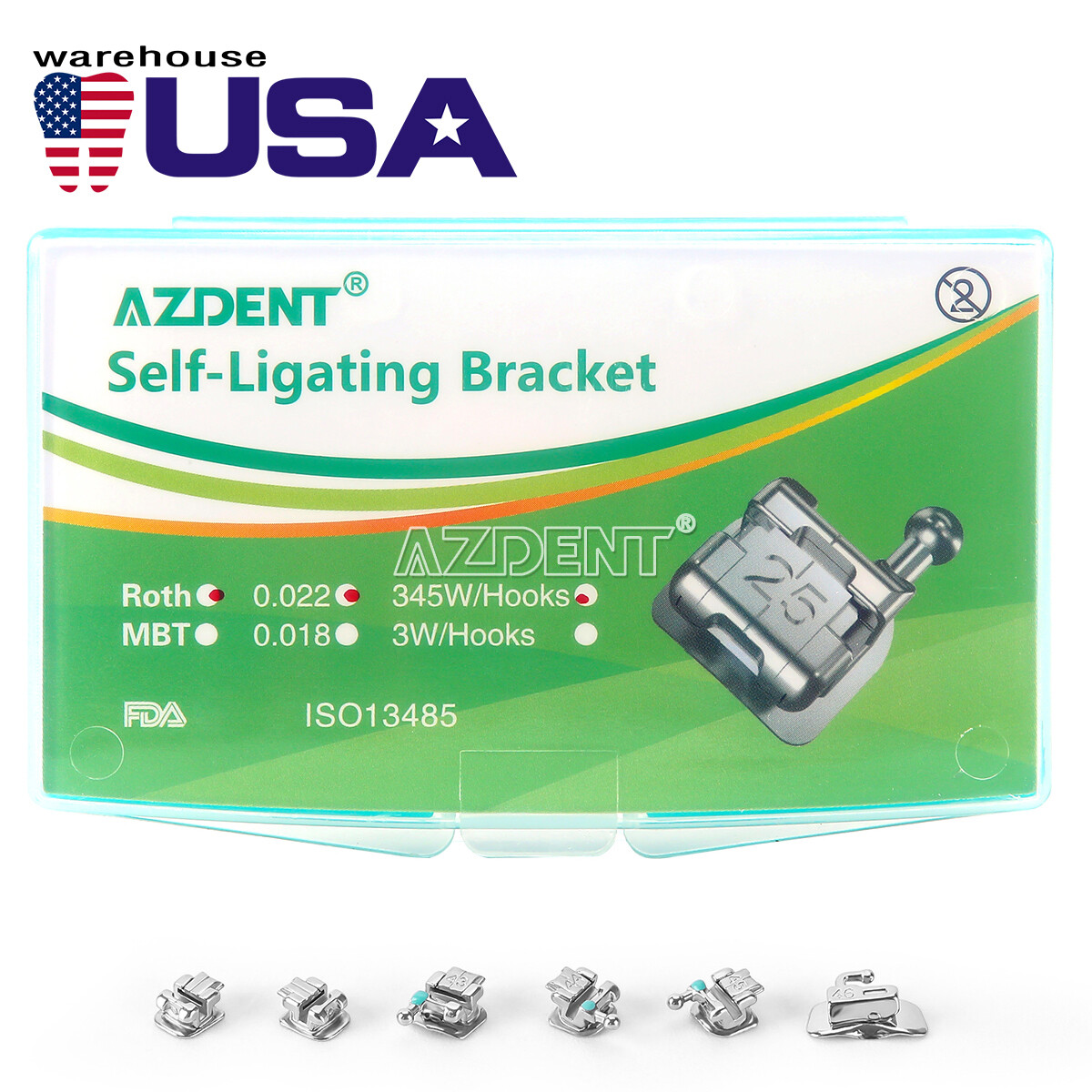 AZDENT Orthodontic Dental Self-ligating Bracket Braces Mini Roth 0.022 Hooks 345