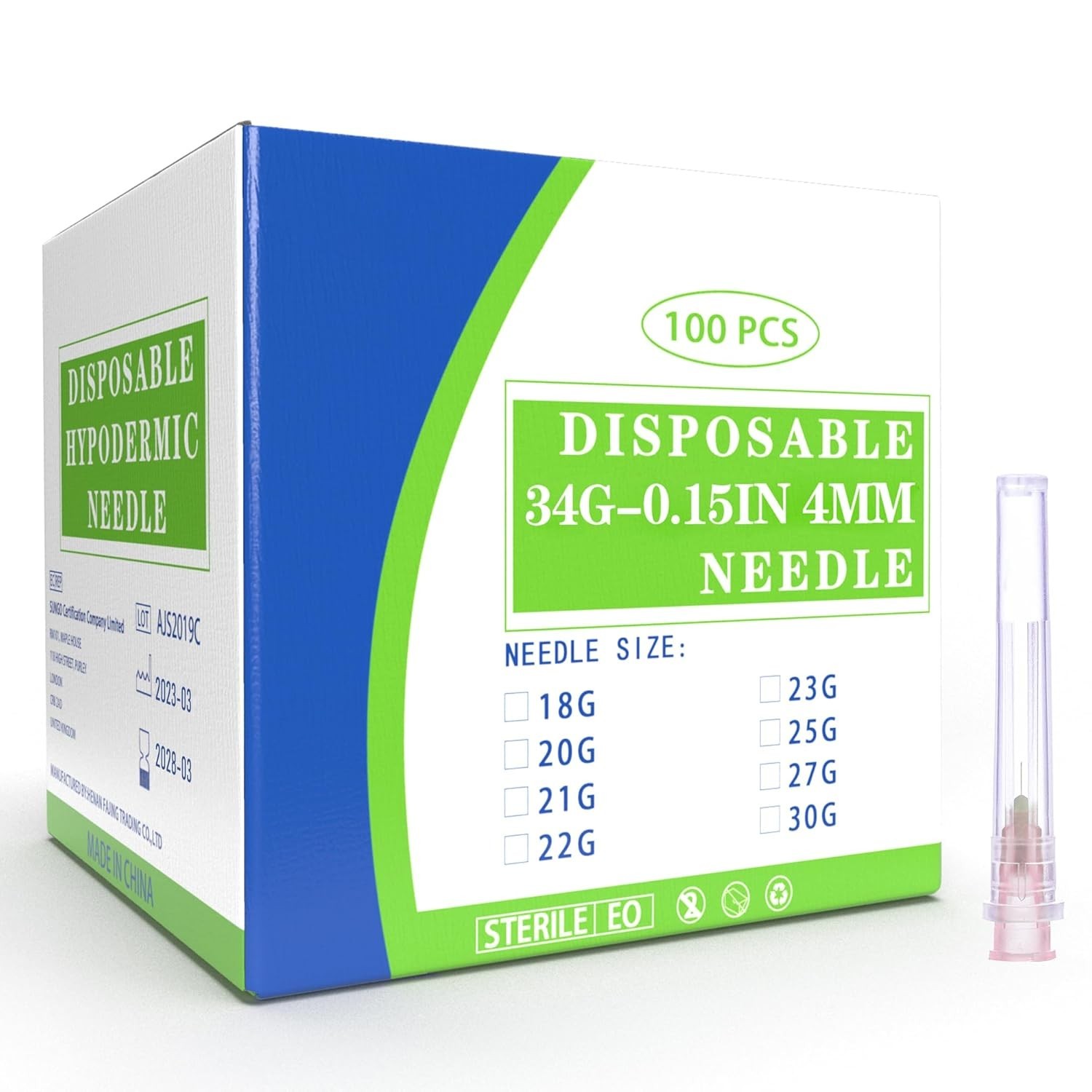 100 Pack 34 Ga 4mm Disposable Needles with Caps for Scientific and Industrial…