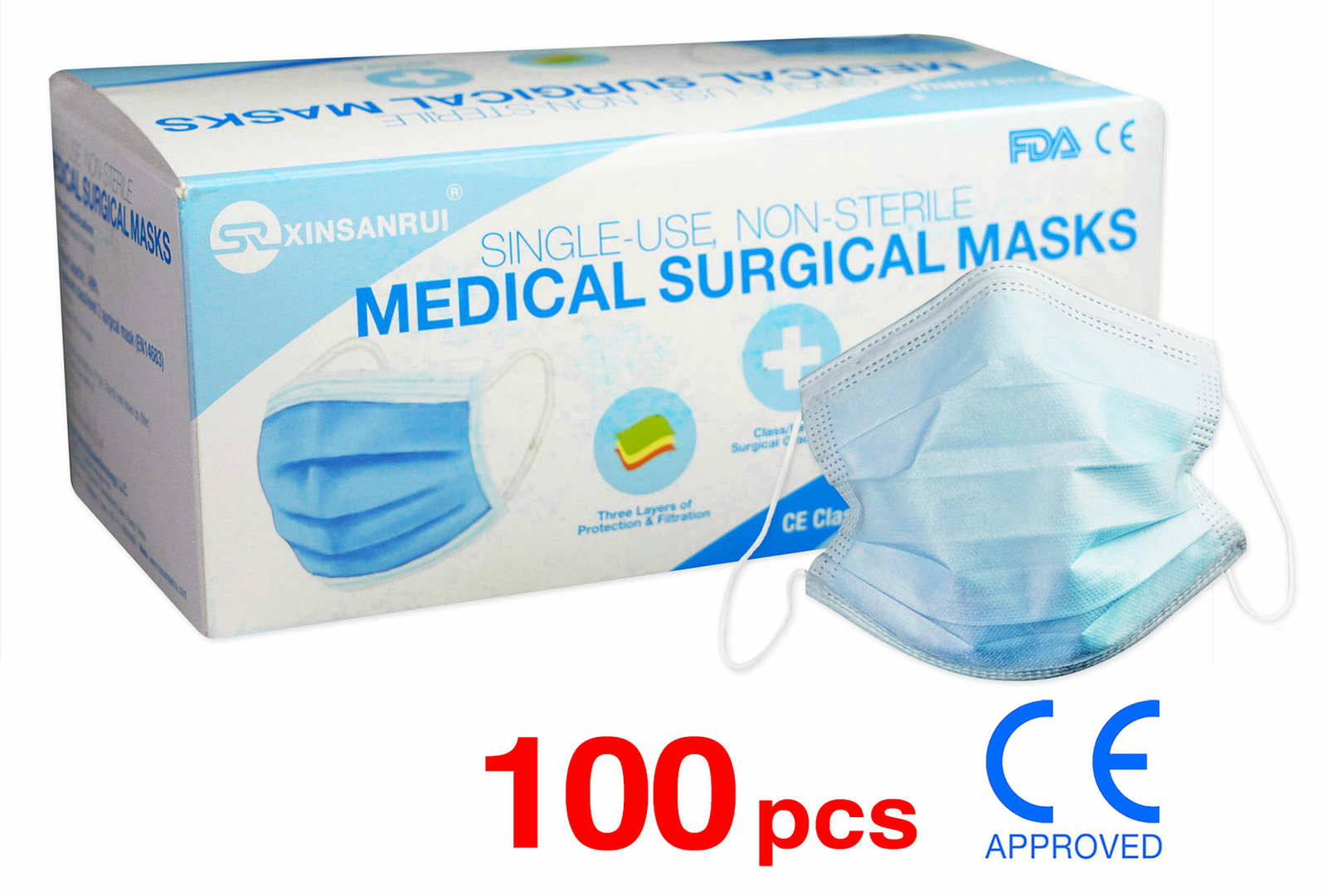 100 Pack CE Approved Class/Level 2 Surgical Disposable Face Mask/3-Ply 98% BFE