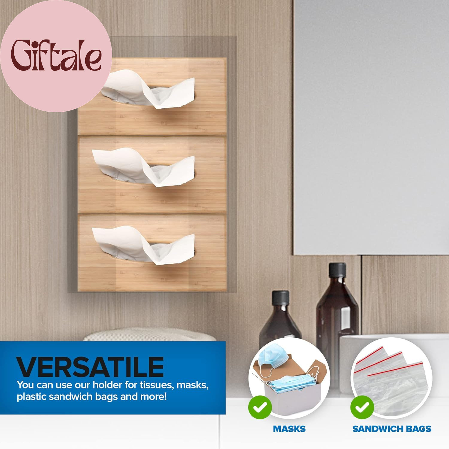 Triple Acrylic Gloves Dispenser, Tissue Box Shelf, Glove Holder Wall Mount, for