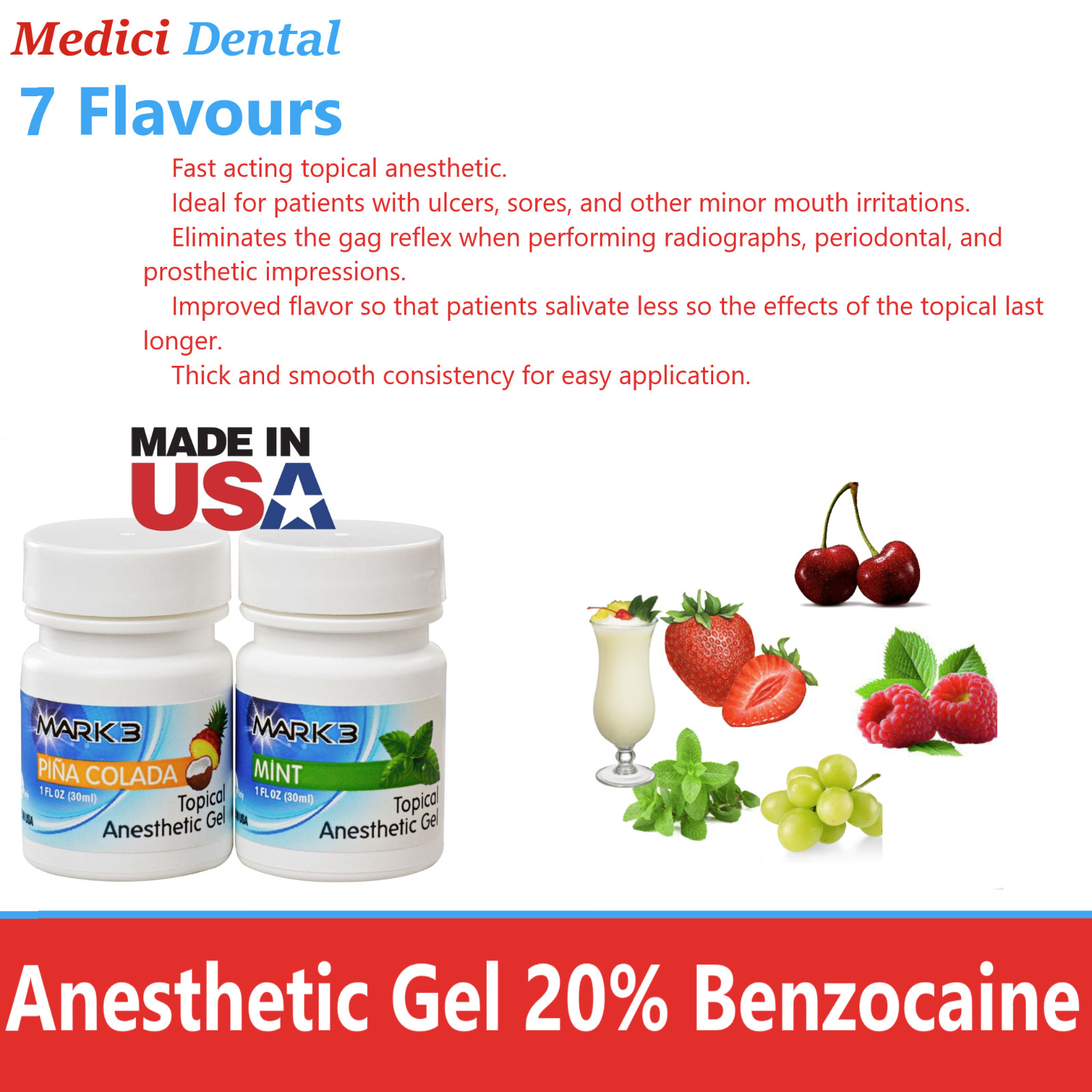 Dental Topical Anesthetic Gel 20%, 7 Flavors, 1oz Jar, Made in USA Exp 02/2027