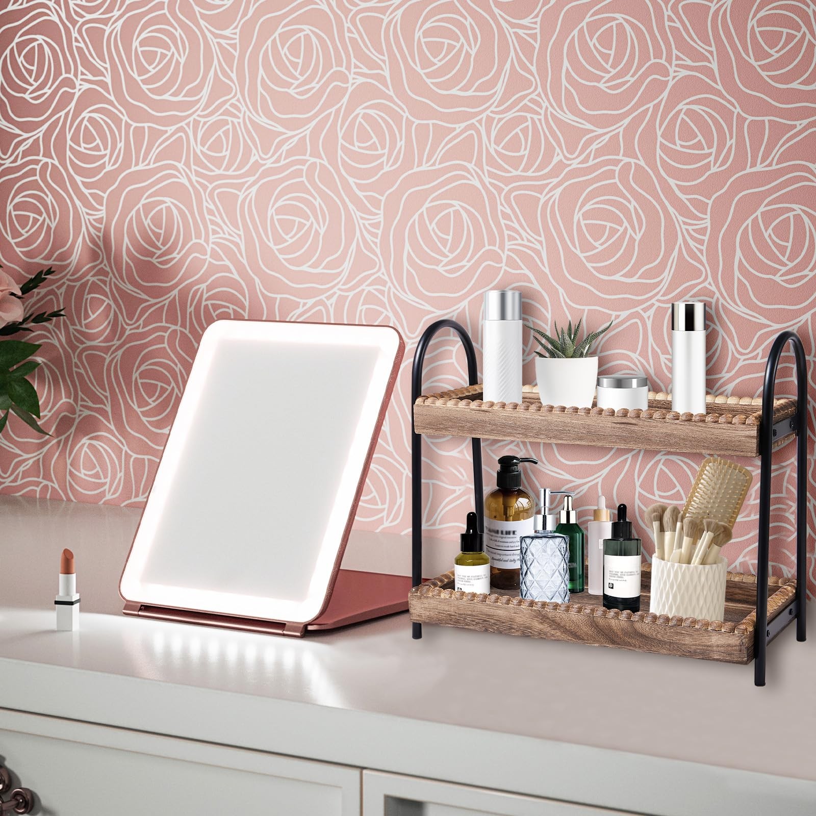 BDBDYEAY 2-Tier Wood Bathroom Countertop Organizer Vanity Storage Farmhouse