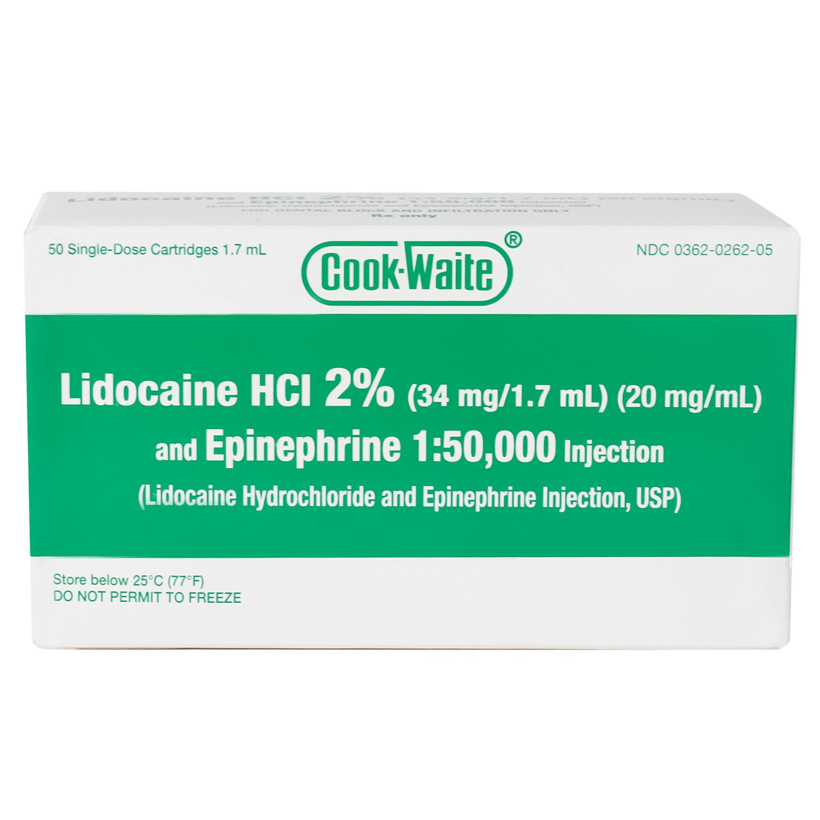Cook-Waite Green/Red 50 cartridges w/Epinephrine 1:100,000 HCl 2% Injectable