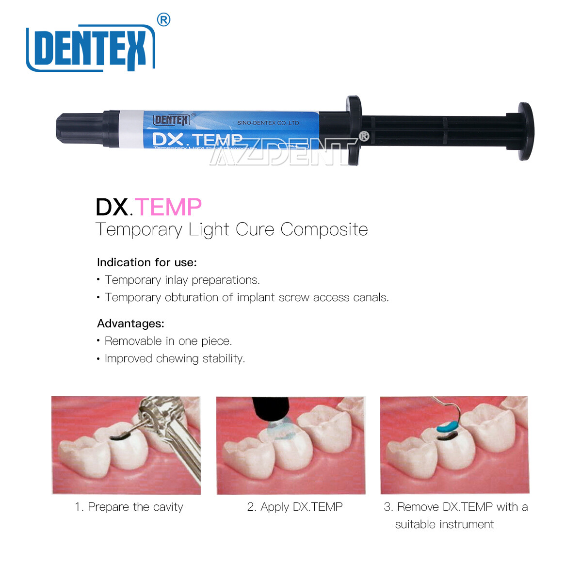 20pack Dentex DX.TEMP Dental Composite Resin 2.5g Temporary Flow Light Cure Blue