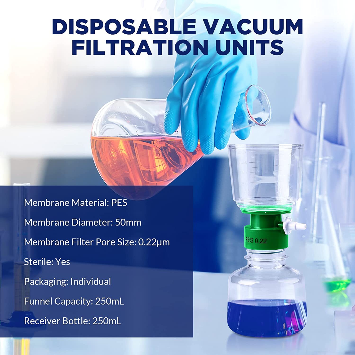 24 Pack Disposable Vacuum Filtration Bottle Top Polystyrene Filter Funnel 250mL