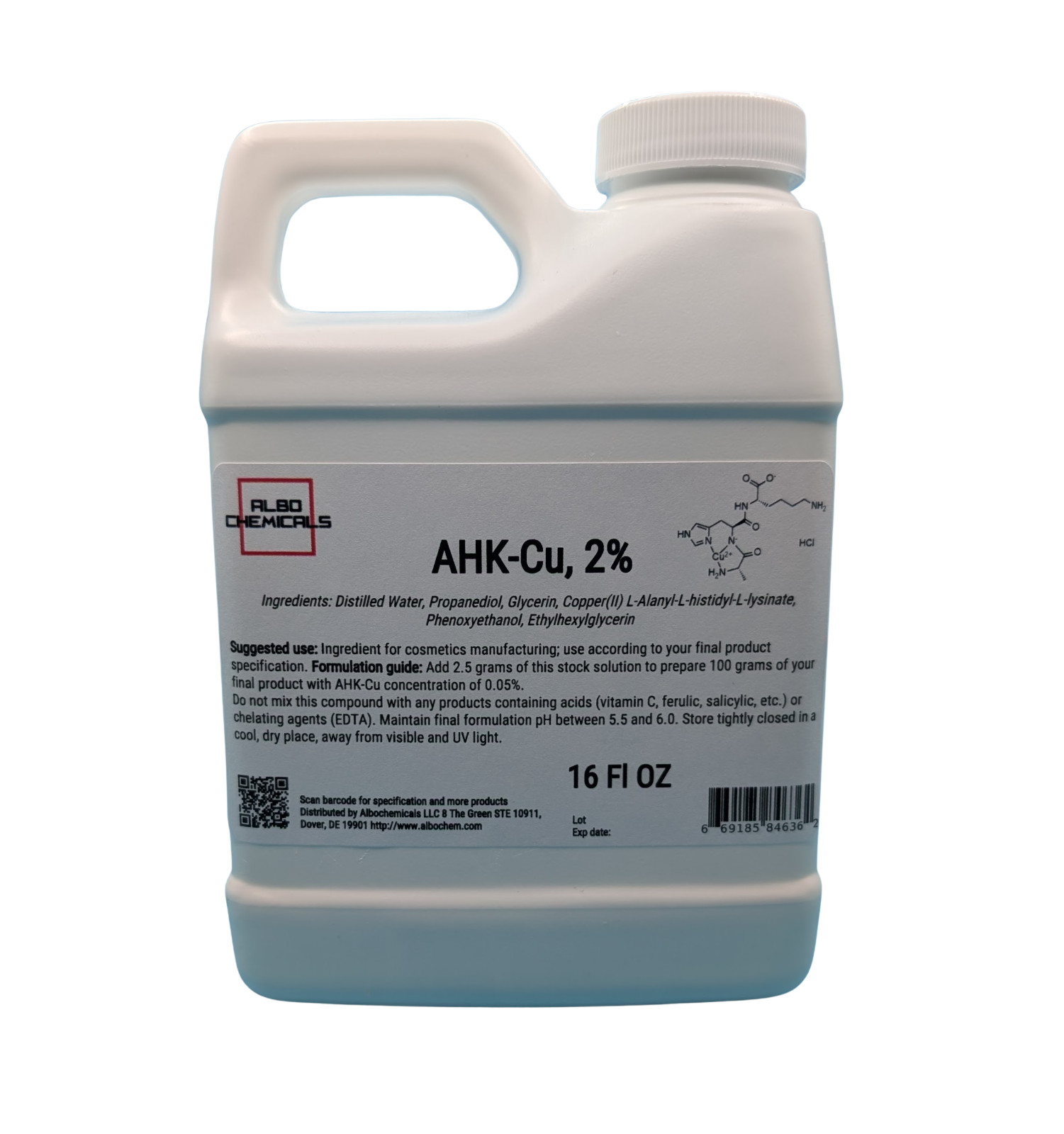 AHK-Cu 2%, 16 fl oz, Premium Copper Peptide Raw Cosmetic Ingredient