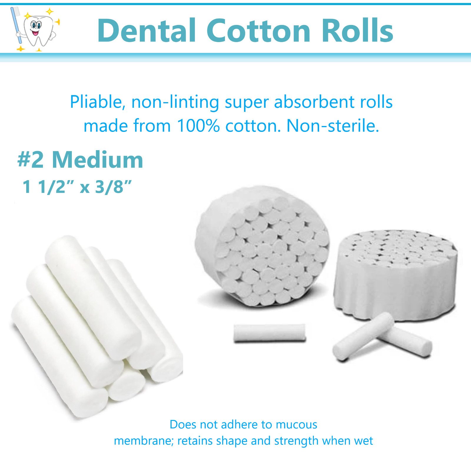 2000 x Dental Cotton Rolls Premium Quality Size #2 Medium Nonsterile, 3/8″ USA