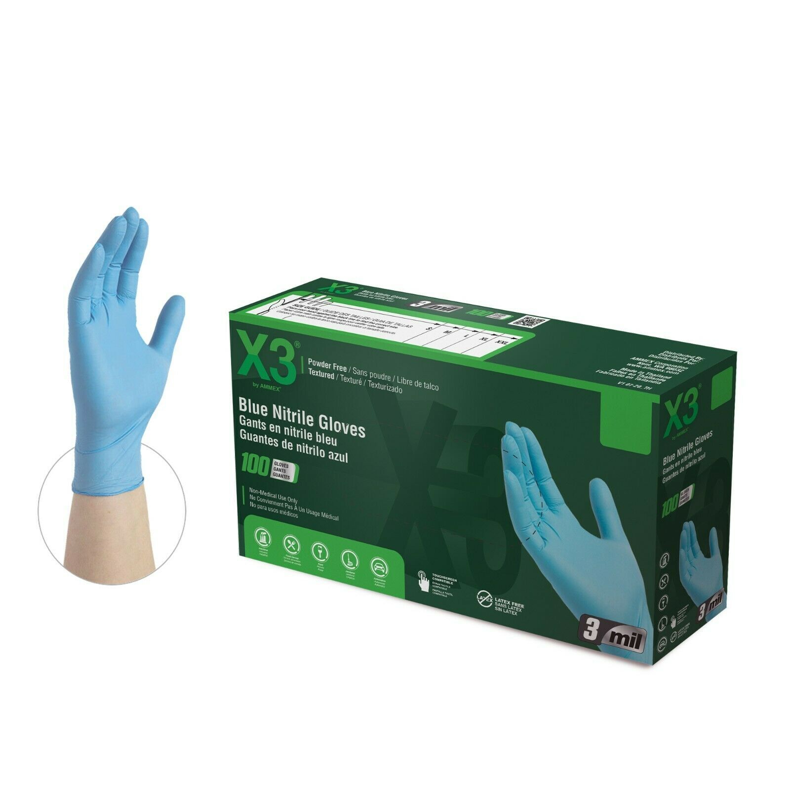 X3 Blue Nitrile Disposable Industrial Gloves 3 Mil Latex-Free/Food-Safe, 100/Box